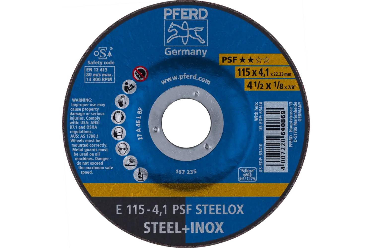 Picture of Pferd Grinding Wheel, 4-1/2" X 1/8 X 7/8, Psf Steelox, T27, Aluminum Oxide